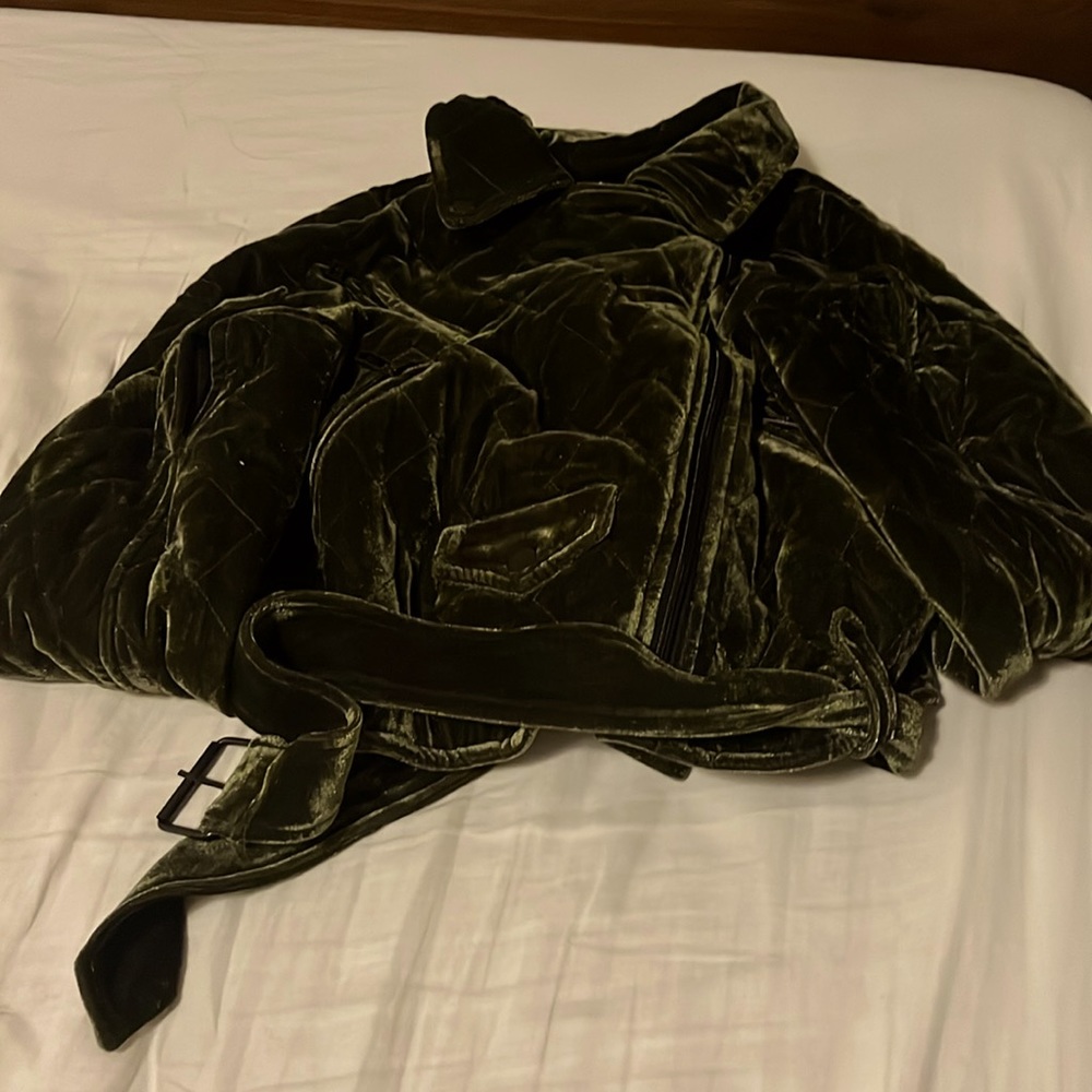 Velvet pleated jacket . Olive green that has a sheen to it.